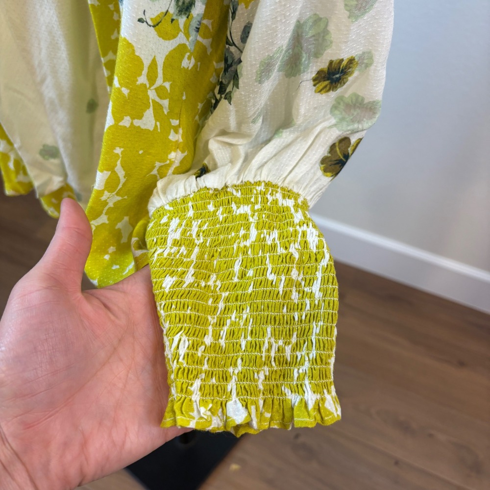 Anthropologie Blouse Womens L Yellow Tie Neck Floral Smocked Cuffs Boho Whimsy - Picture 4 of 8